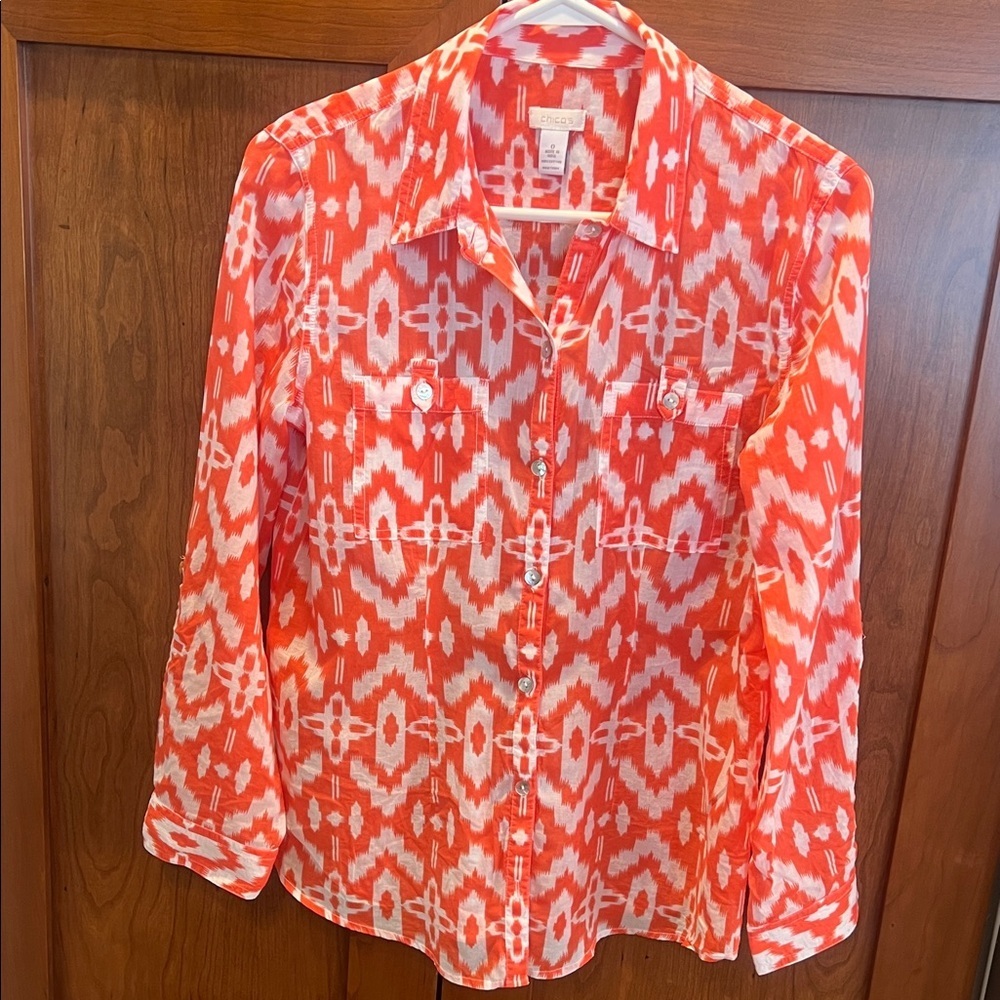 Chico's Cotton Vibrant Orange and White Button-Down Shirt
